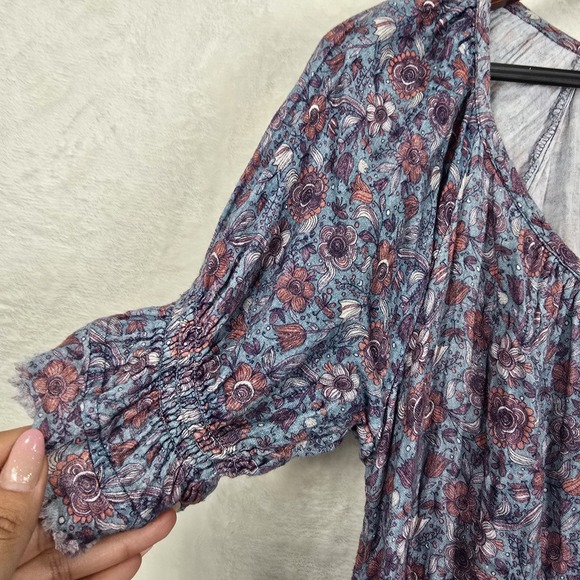 Natural Life Sienna XS/S 100% Cotton Gauze Mini Dress Blue Floral Print Keyhole - Picture 3 of 9